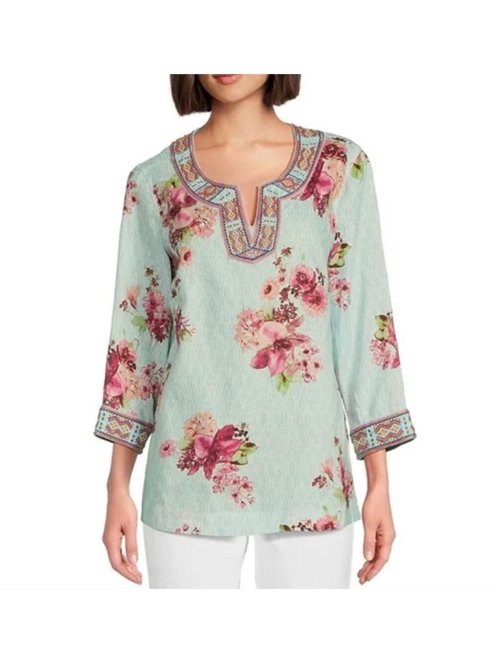 John Mark 1X blue Linen Floral Print Embroidered Beaded Split V-Neck Tunic new